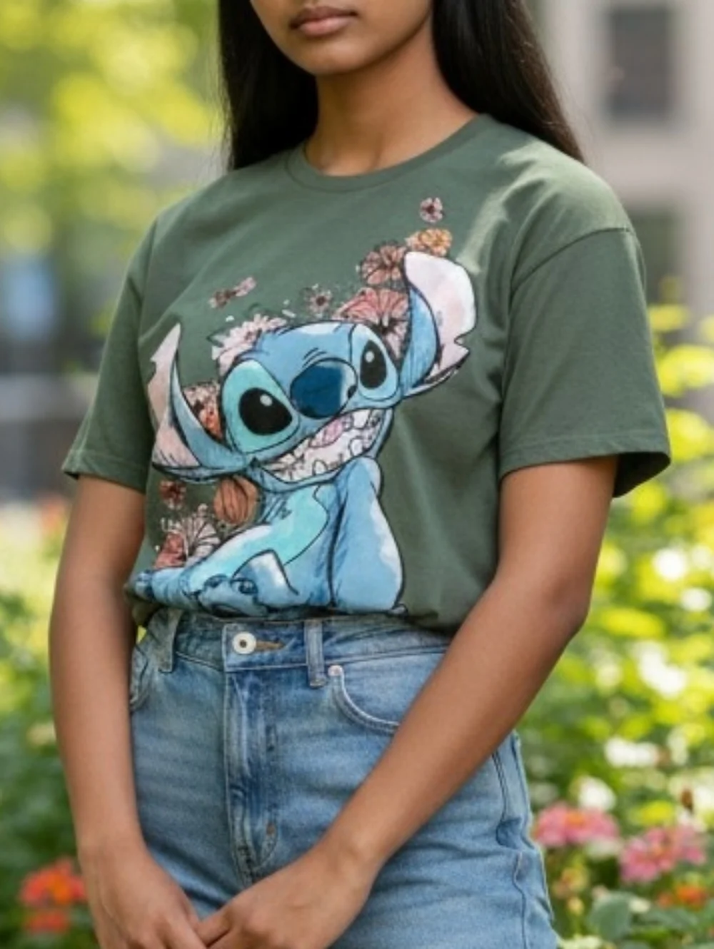 Juniors XL • Disney • Olive Green Graphic Tee with Stitch and Floral Design - Picture 1 of 7